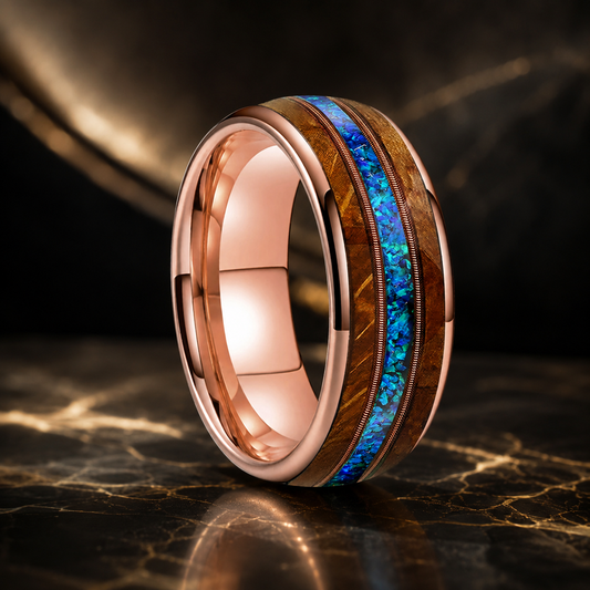 Anillo de Tungsteno Dorado con Ópalo Azul