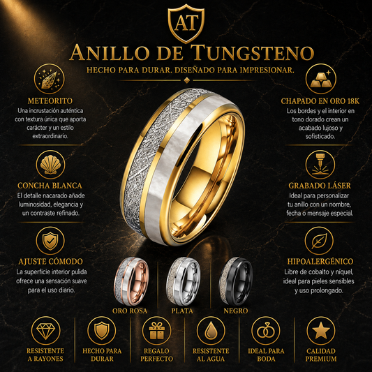Anillo de Tungsteno con Meteorito y Nácar