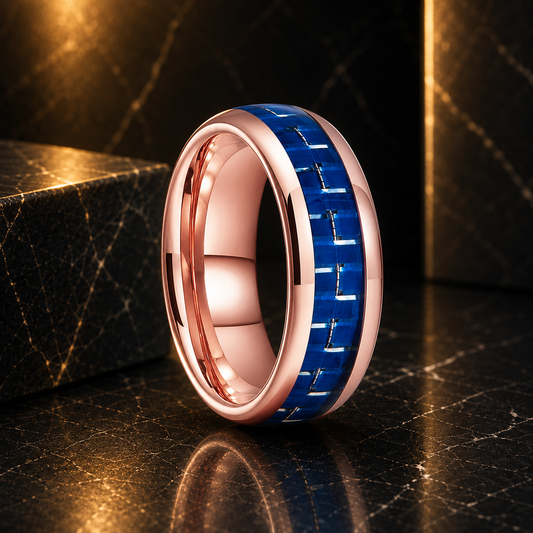 Anillo de Tungsteno Fibra de Carbono Azul y Blanco ’El Vértigo’ - Rose Gold 8mm / 4 - Anillos