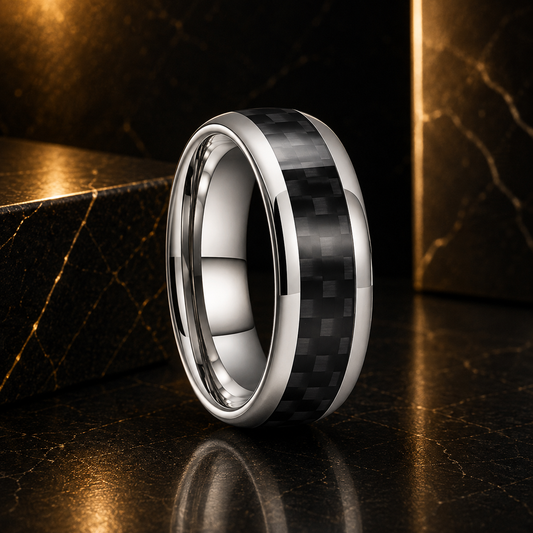Anillo de Tungsteno Fibra de Carbono Negro ’El Custodio’ - Silver Color 8mm / 11.5 - Anillos