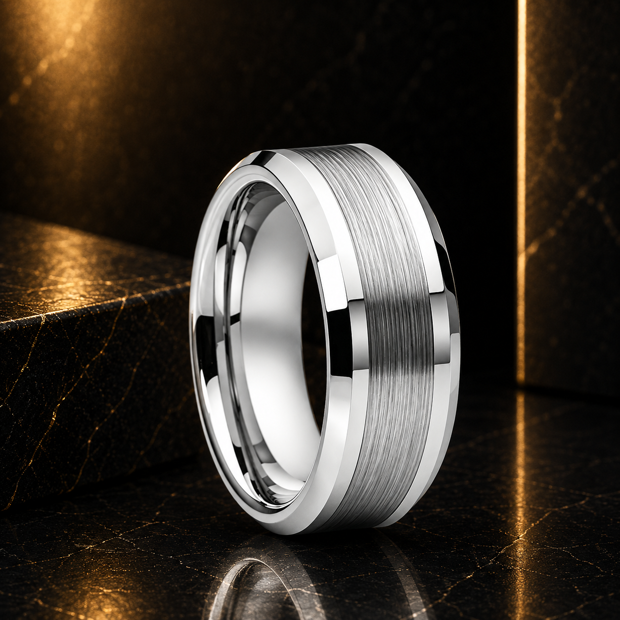 Anillo de Tungsteno para Boda Cepillado con Biseles ’El Pacto’ - Silver / 8MM / 6.5 - Anillos