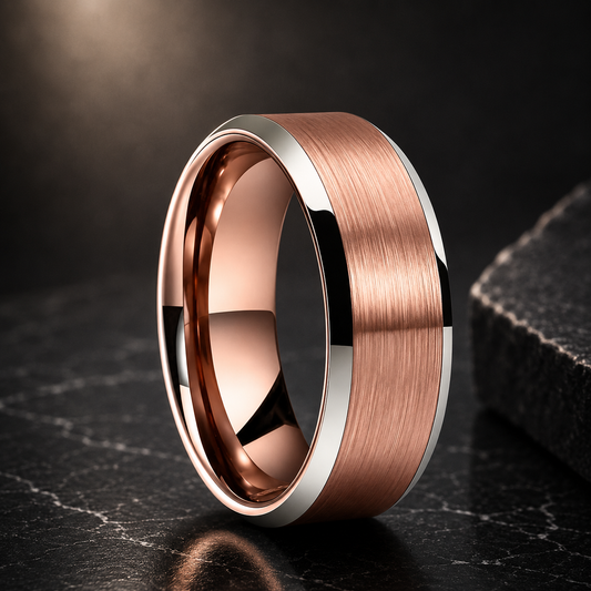Anillo de Tungsteno para Boda con Acabado Cepillado y Biseles ’El Juramento’ - Rose Gold / 6mm Width / 7