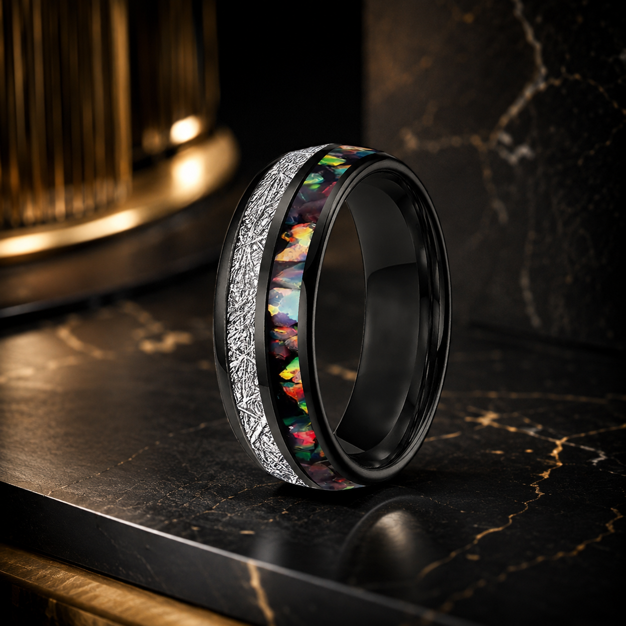 Anillo de Tungsteno con Ópalo Multicolor