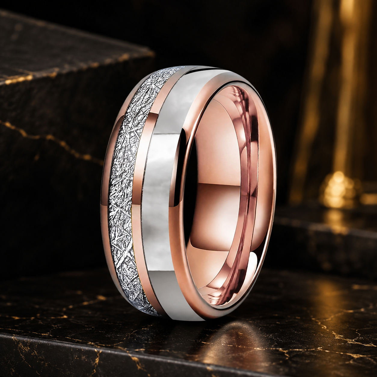 Anillo de Tungsteno con Meteorito y Nácar