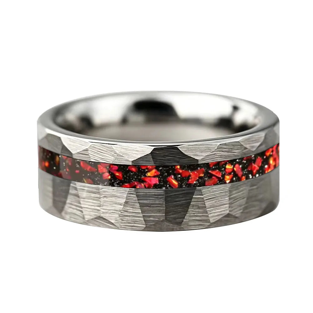 Anillo de Tungsteno Martillados con Granate Rojo