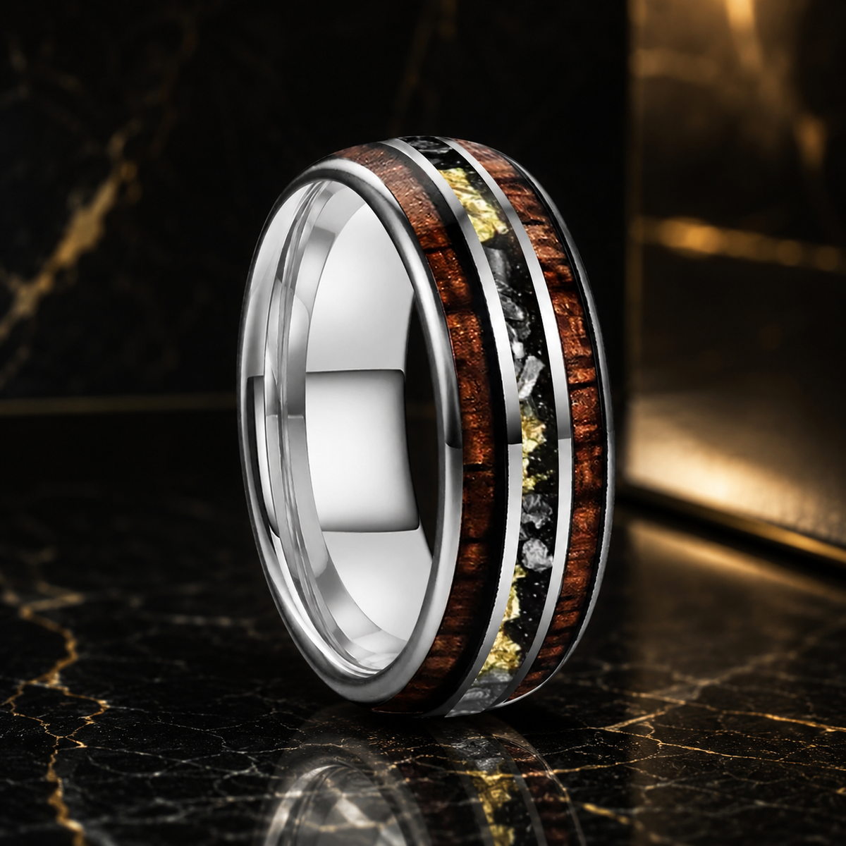 Anillo de Tungsteno con Madera de Koa y Meteorito
