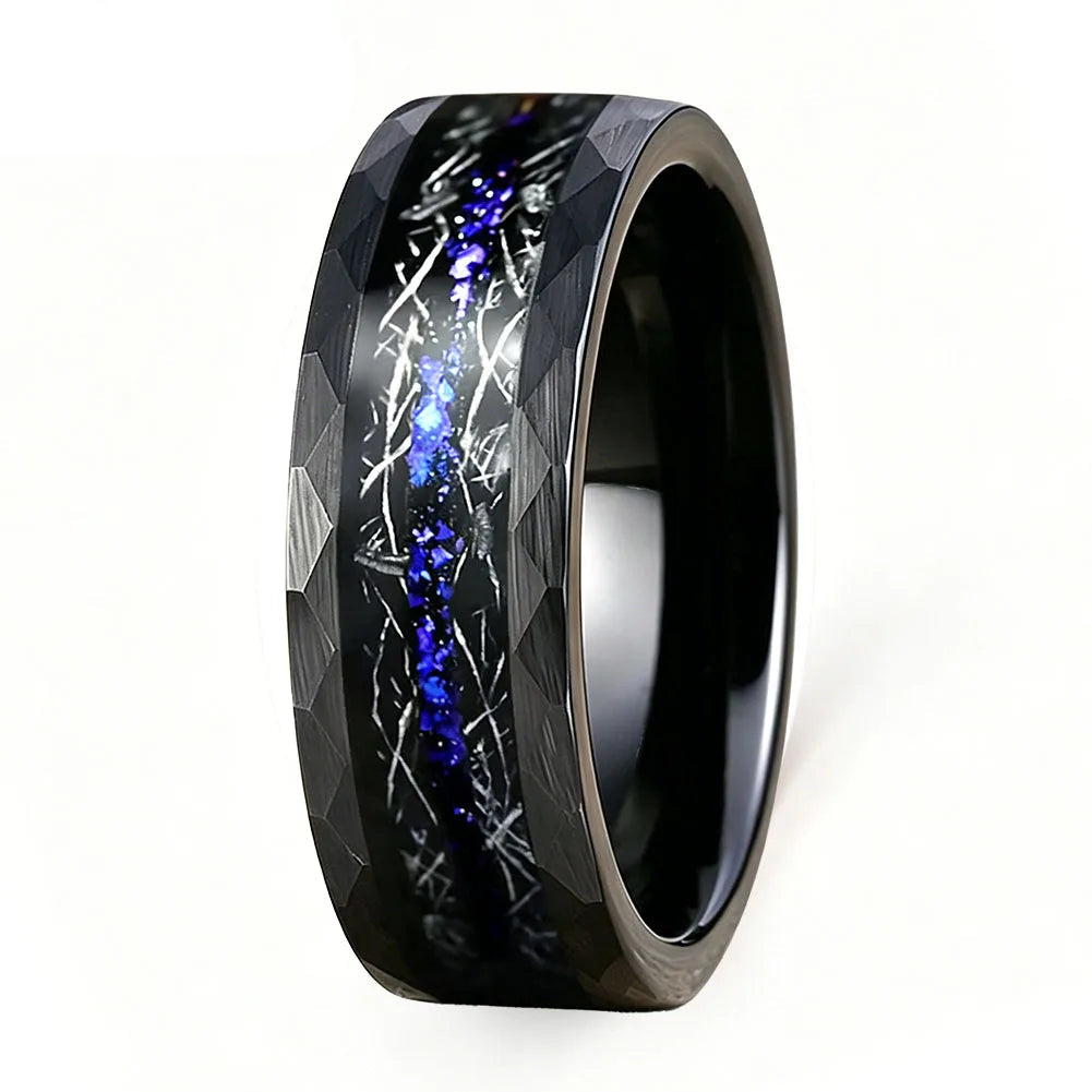 Anillo de Tungsteno Martillado con Ópalo Azul 8mm