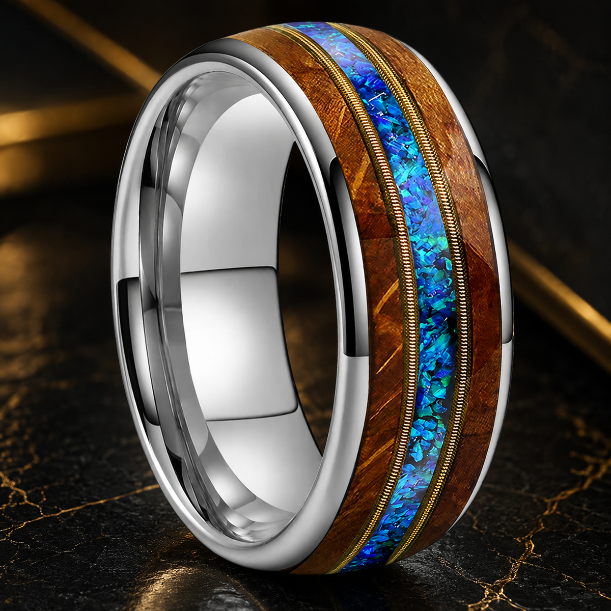 Anillo de Tungsteno Dorado con Ópalo Azul 