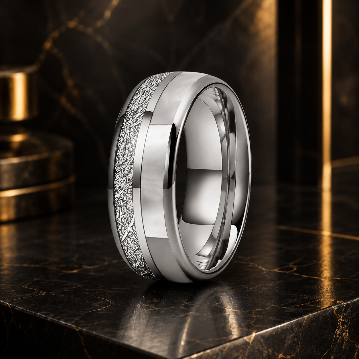 Anillo de Tungsteno con Meteorito y Nácar