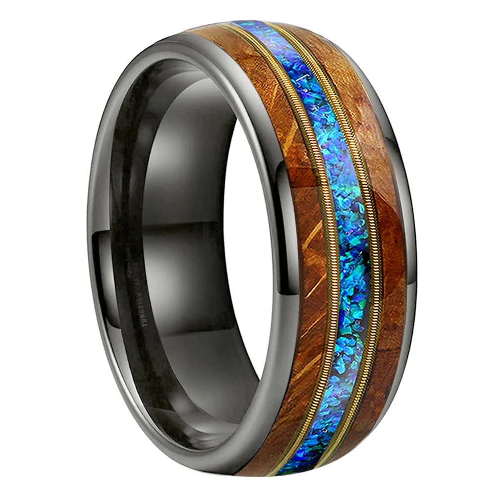 Anillo de Tungsteno Dorado con Ópalo Azul 