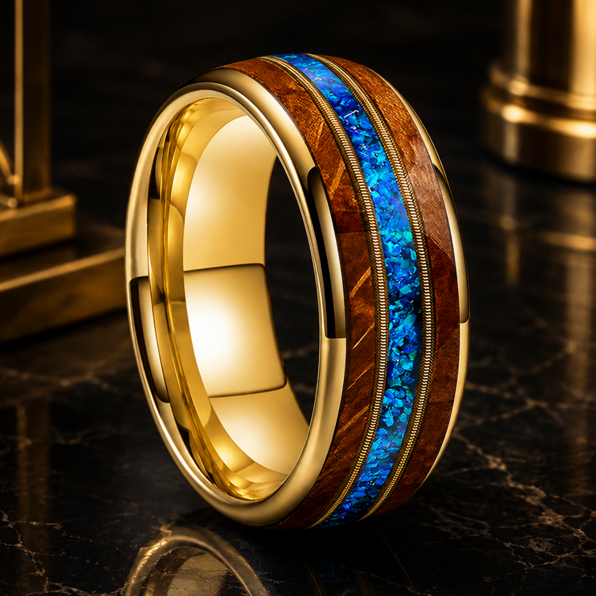 Anillo de Tungsteno Dorado con Ópalo Azul 