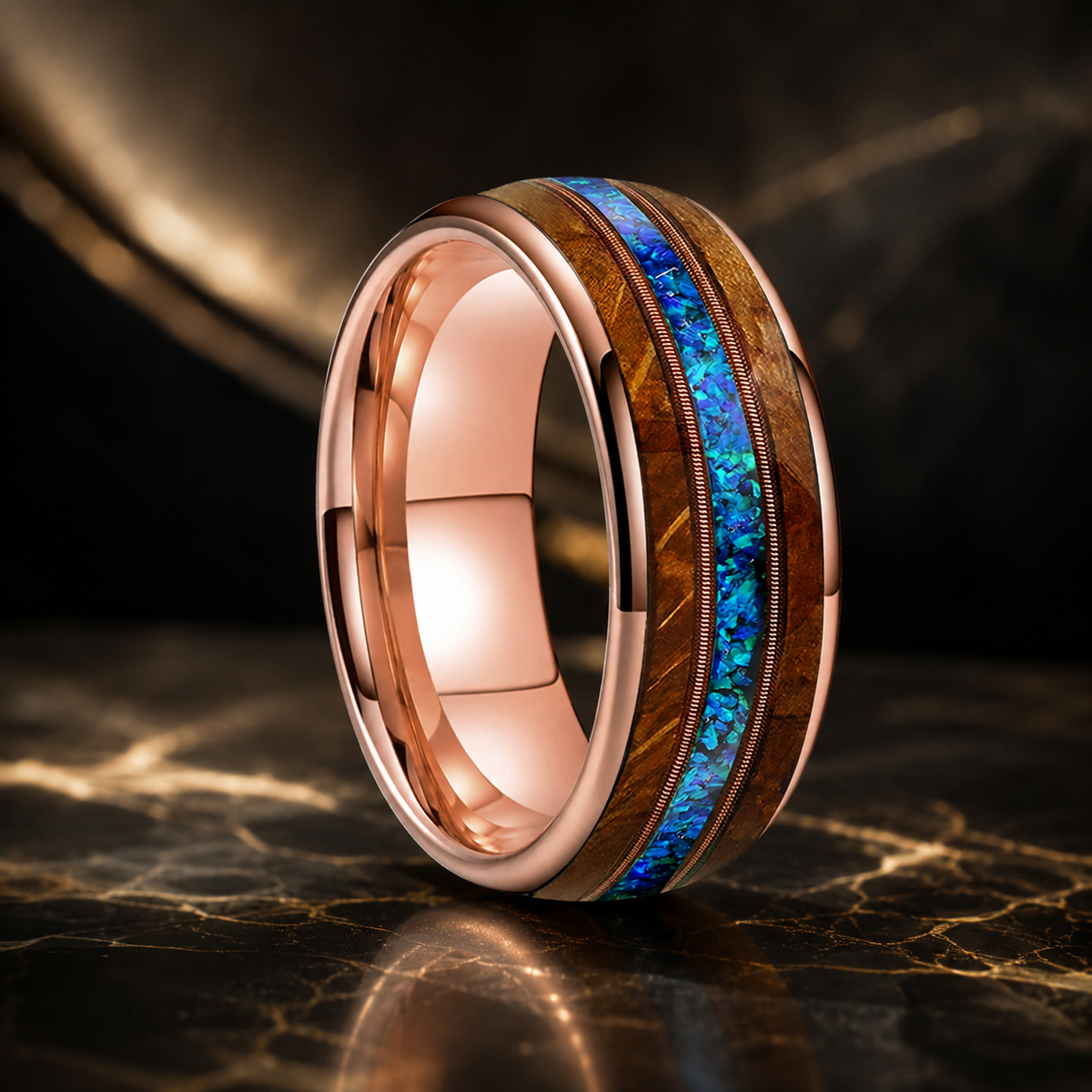 Anillo de Tungsteno Dorado con Ópalo Azul 