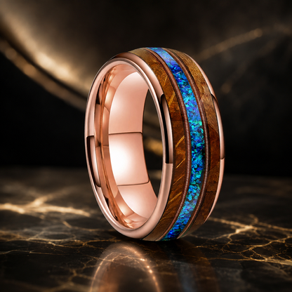 Anillo de Tungsteno Dorado con Ópalo Azul 