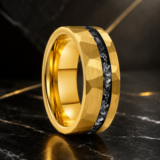 Anillo de Tungsteno Martillado con Meteorito 