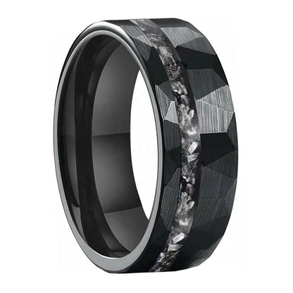 Anillo de Tungsteno Martillado con Meteorito 