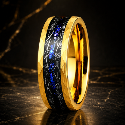 Anillo de Tungsteno Martillado con Ópalo Azul 8mm