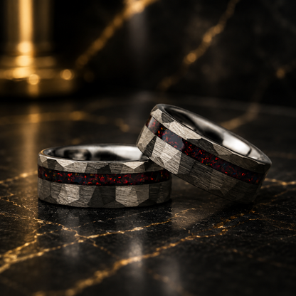 Anillo de Tungsteno Martillado con Ópalo Rojo