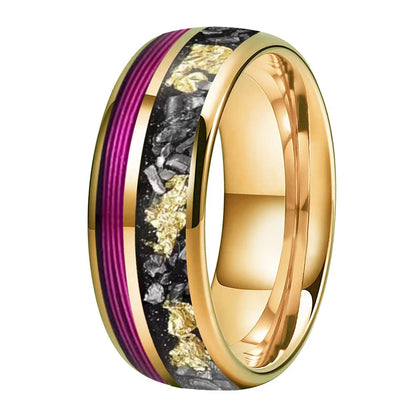 Anillo de Tungsteno con Cuerda de Guitarra Morada y Meteorito