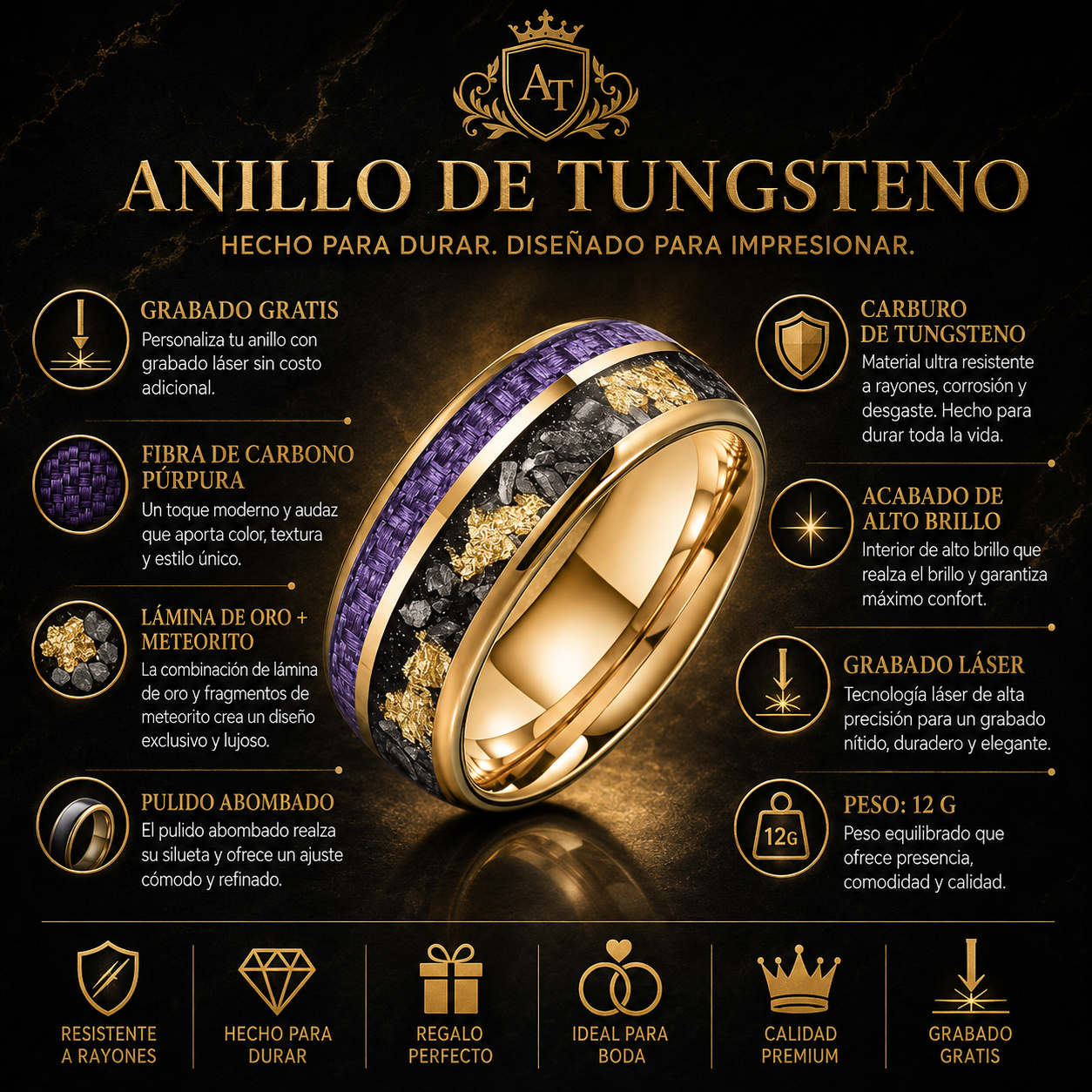 Anillo de Tungsteno con Fibra de Carbono Púrpura