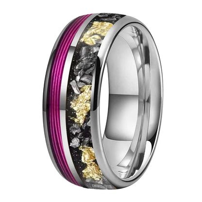 Anillo de Tungsteno con Cuerda de Guitarra Morada y Meteorito