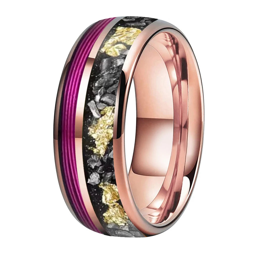 Anillo de Tungsteno con Cuerda de Guitarra Morada y Meteorito