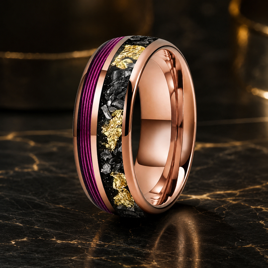 Anillo de Tungsteno con Cuerda de Guitarra Morada y Meteorito