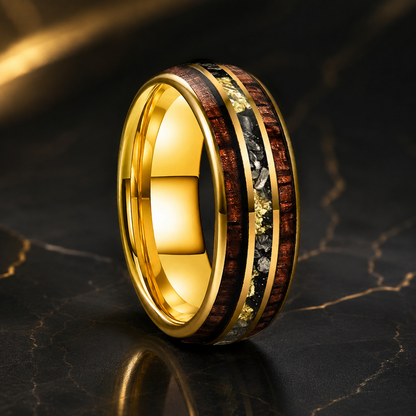 Anillo de Tungsteno con Madera de Koa y Meteorito