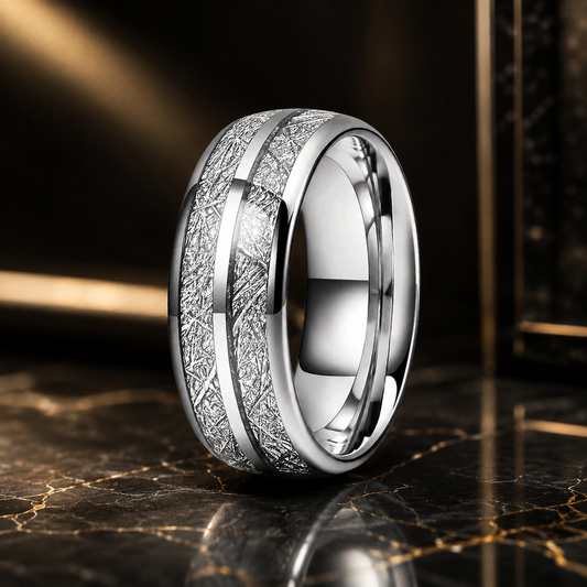 Anillo de Tungsteno con Meteorito Blanco y Doble Ranura