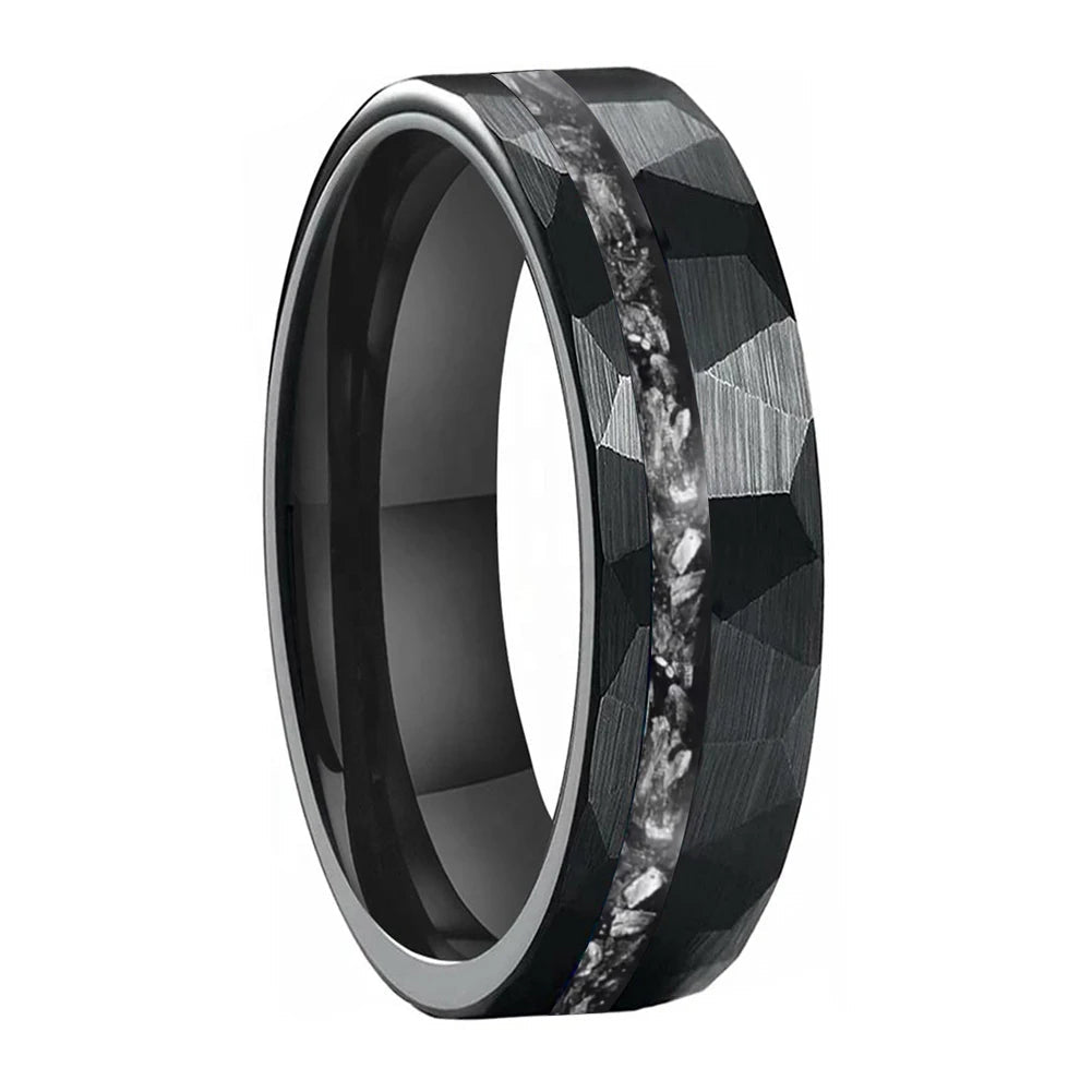 Anillo de Tungsteno Martillado con Meteorito 