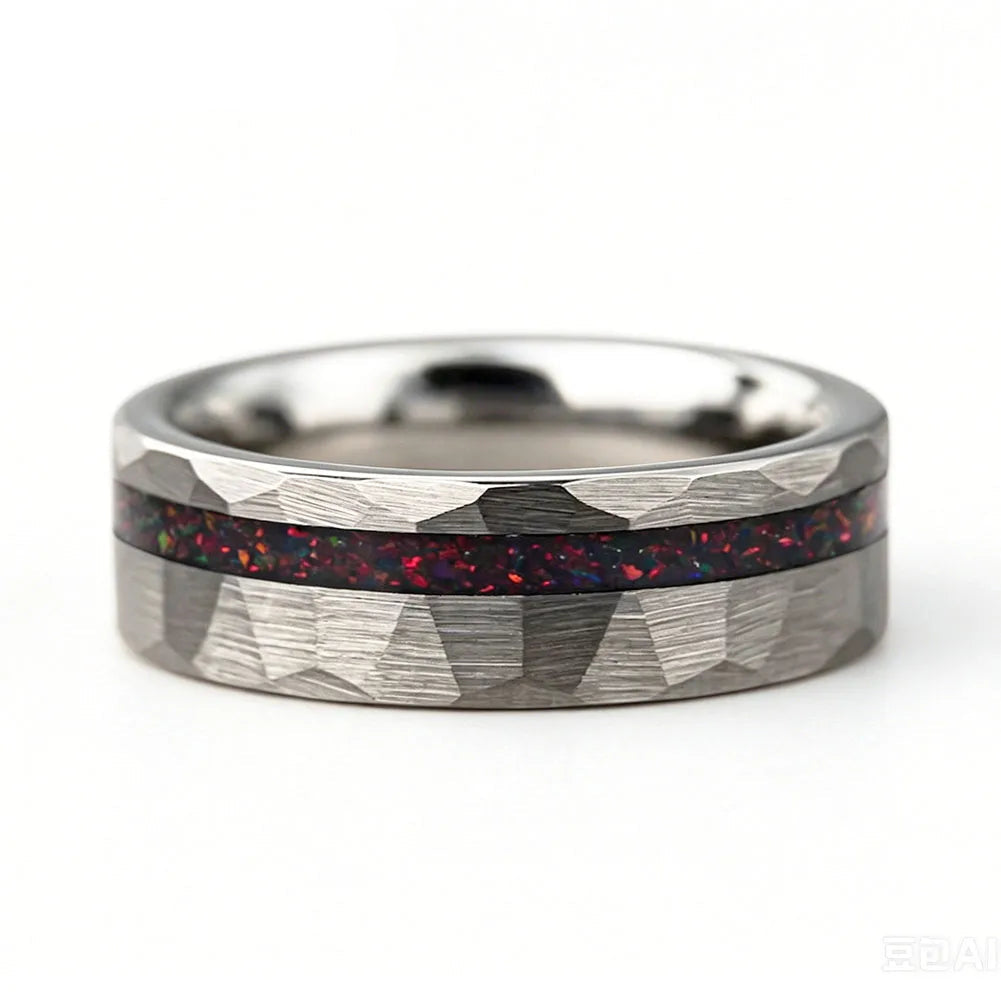 Anillo de Tungsteno Martillado con Ópalo Rojo