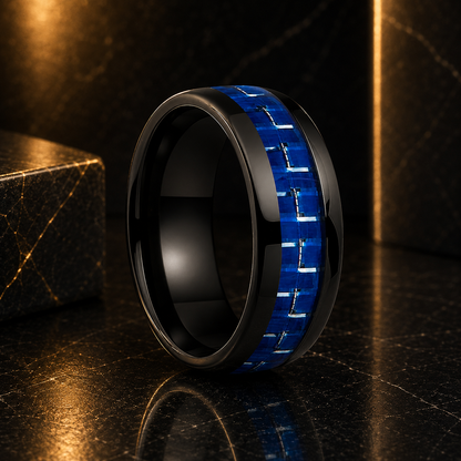 Anillo de Tungsteno Fibra de Carbono Azul y Blanco ’El Vértigo’ - Black Color 8mm / 4 - Anillos