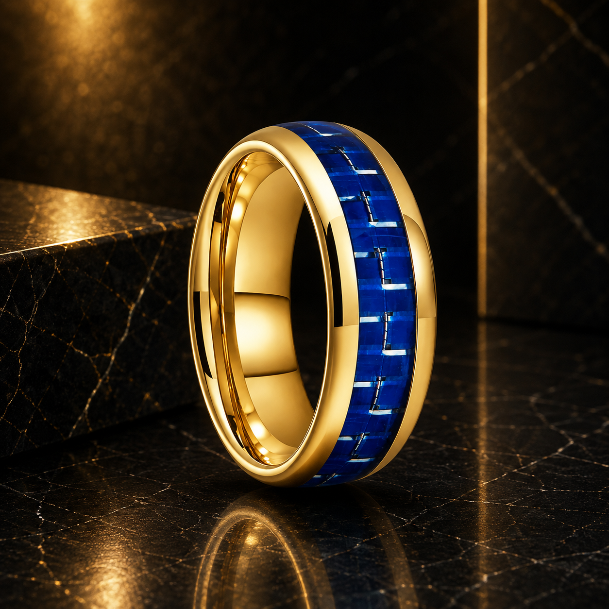 Anillo de Tungsteno Fibra de Carbono Azul y Blanco ’El Vértigo’ - Gold Color 8mm / 4 - Anillos