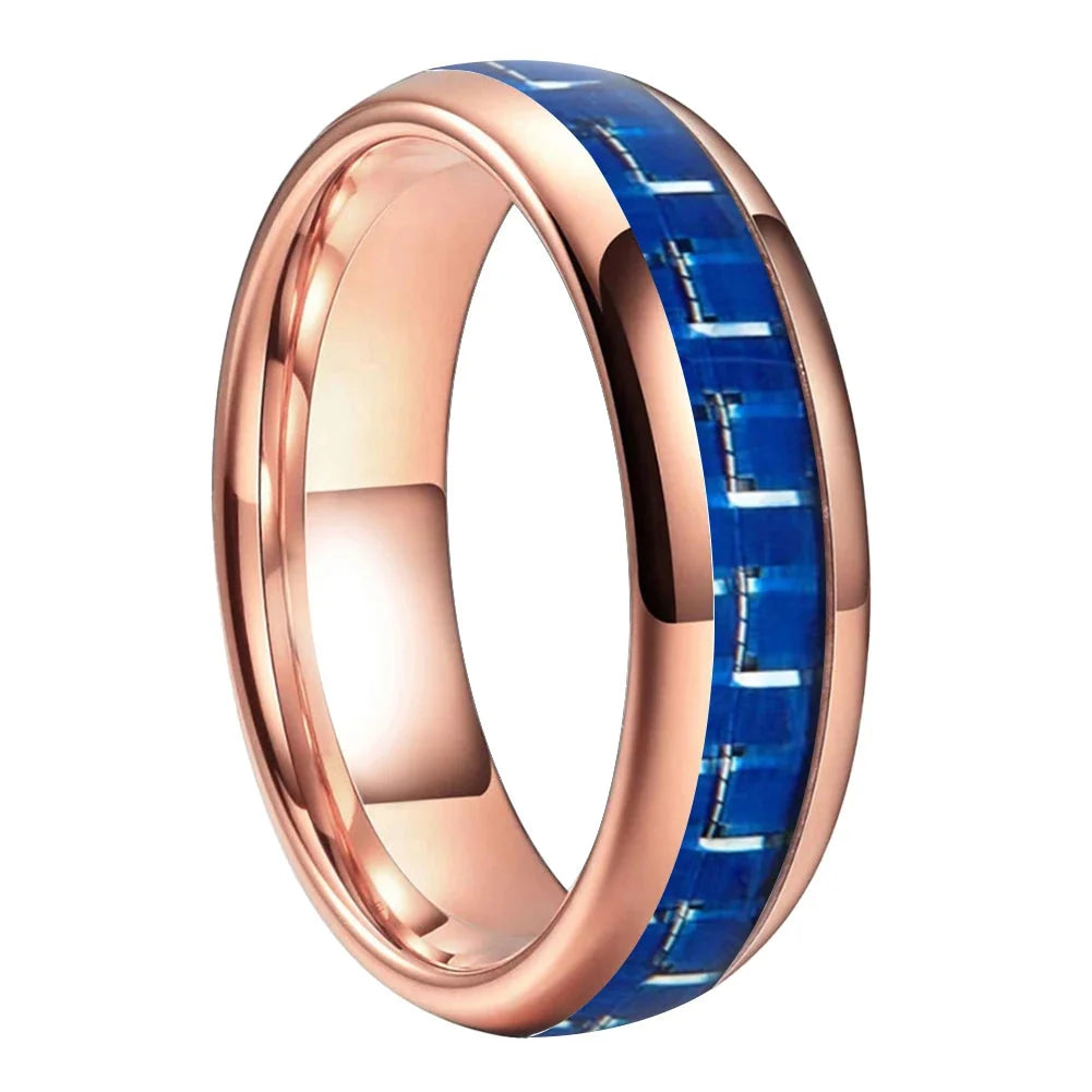 Anillo de Tungsteno Fibra de Carbono Azul y Blanco ’El Vértigo’ - Rose Gold 6mm / 4 - Anillos