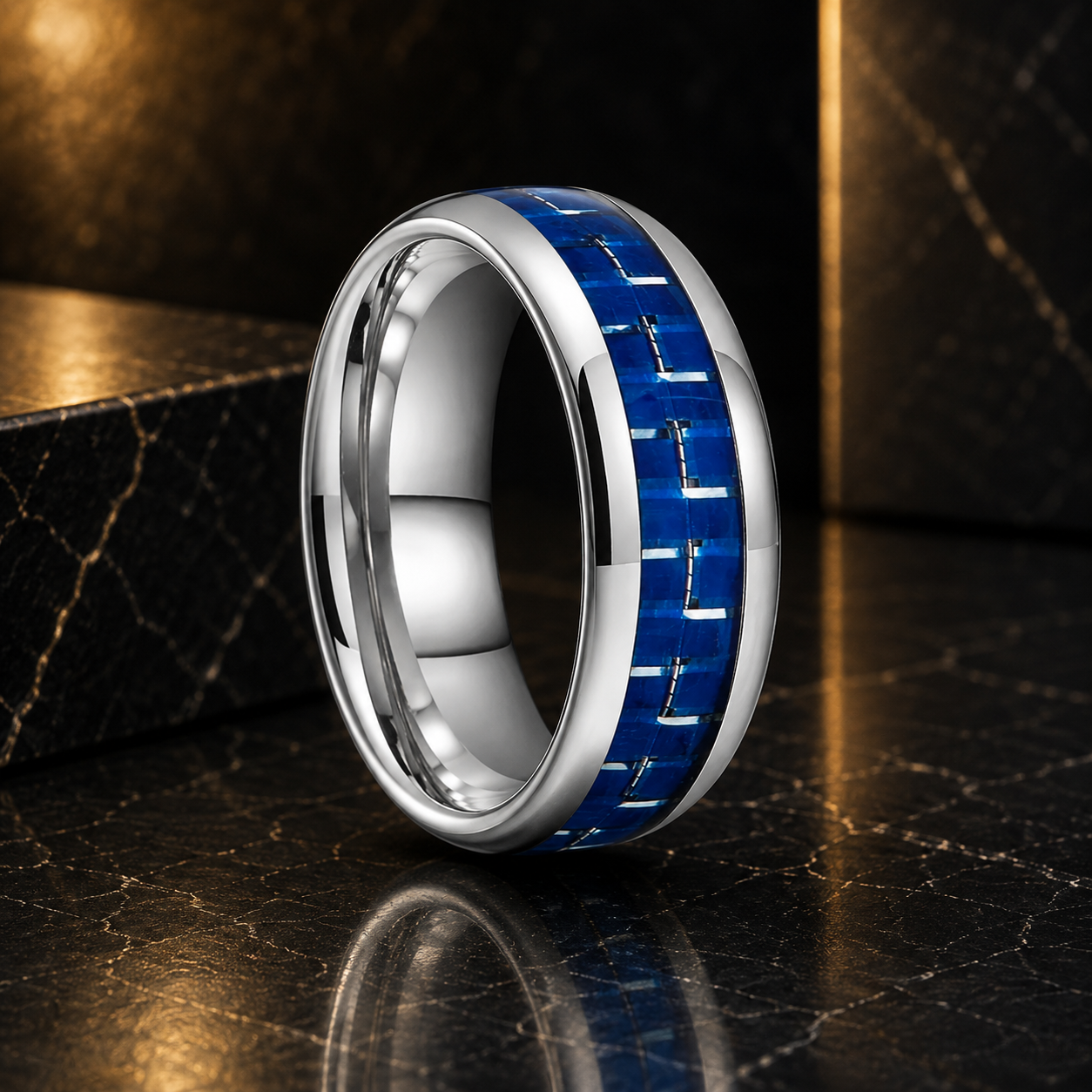 Anillo de Tungsteno Fibra de Carbono Azul y Blanco ’El Vértigo’ - Silver Color 8mm / 4 - Anillos