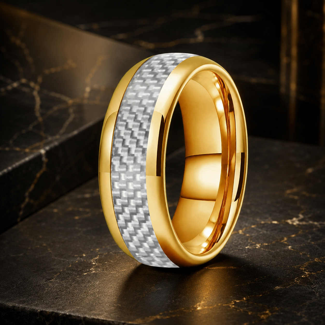 Anillo de Tungsteno Fibra de Carbono Blanco ’El Alma Gemela’ - Gold Color 8mm / 8.5 - Anillos