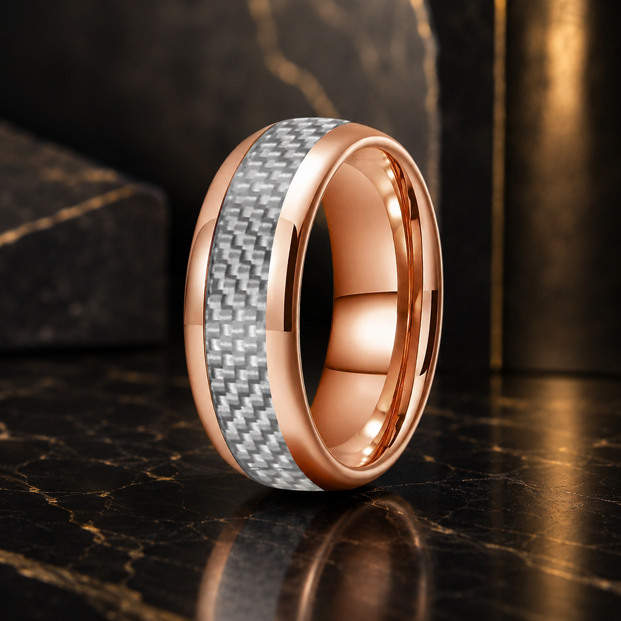 Anillo de Tungsteno Fibra de Carbono Blanco ’El Alma Gemela’ - Rose Gold 8mm / 8.5 - Anillos