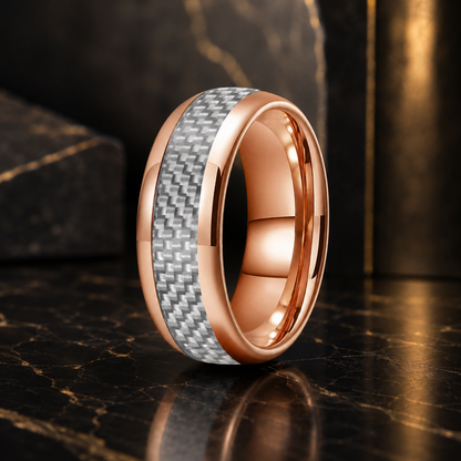 Anillo de Tungsteno Fibra de Carbono Blanco ’El Alma Gemela’ - Rose Gold 8mm / 8.5 - Anillos