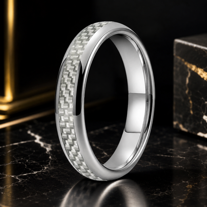 Anillo de Tungsteno Fibra de Carbono Blanco ’El Alma Gemela’ - Silver Color 4mm / 8.5 - Anillos