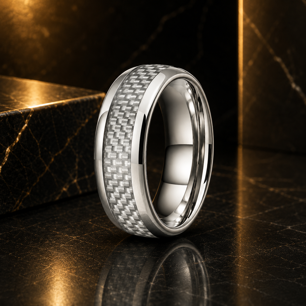 Anillo de Tungsteno Fibra de Carbono Blanco ’El Alma Gemela’ - Silver Color 8mm / 8.5 - Anillos