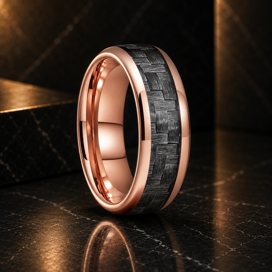 Anillo de Tungsteno Fibra de Carbono Gris ’El Nómada’ - Rose Gold 8mm / 5.5 - Anillos
