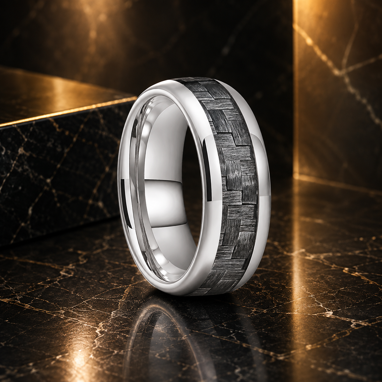 Anillo de Tungsteno Fibra de Carbono Gris ’El Nómada’ - Silver Color 8mm / 5.5 - Anillos