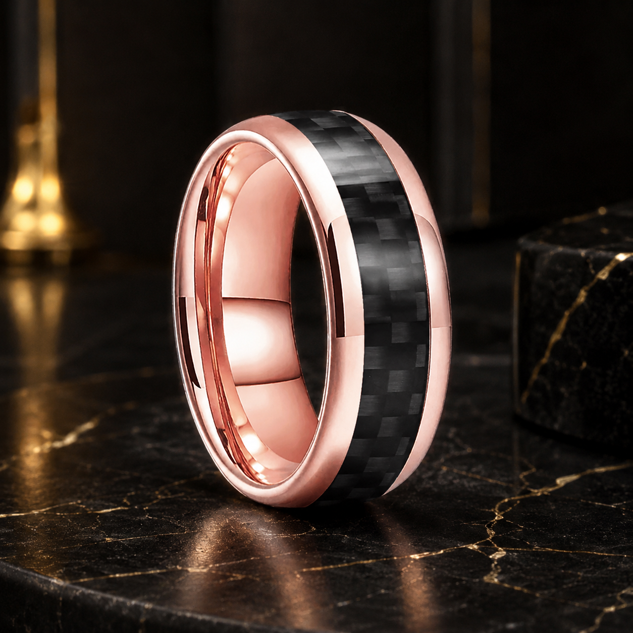 Anillo de Tungsteno Fibra de Carbono Negro ’El Custodio’ - Rose Gold 8mm / 11.5 - Anillos