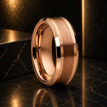 Anillo de Tungsteno para Boda Cepillado con Biseles ’El Pacto’ - Rose Gold / 8MM / 6.5 - Anillos