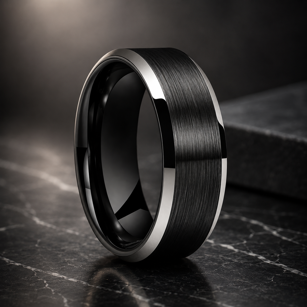 Anillo de Tungsteno para Boda con Acabado Cepillado y Biseles ’El Juramento’ - Black / 6mm Width / 8